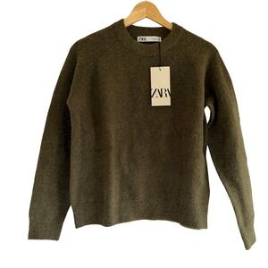 Zara Women Alpaca Blend Fuzzy Knit Crew Neck Sweater Olive Green Small 9598/151